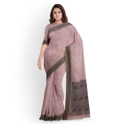 Bonphool Dusty Pink Printed Handloom Cotton Saree with Deep Paisley Border — Lightweight Indian Saree