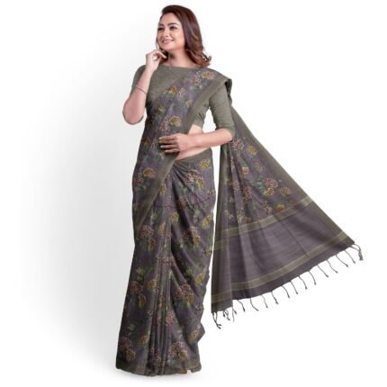 Bonphool Floral Printed Cotton Saree with Tasseled Pallu for Women