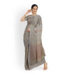 Bonphool Beige Linen Blend Saree with Woven Floral Motifs