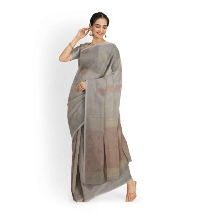 Bonphool Beige Linen Blend Saree with Woven Floral Motifs