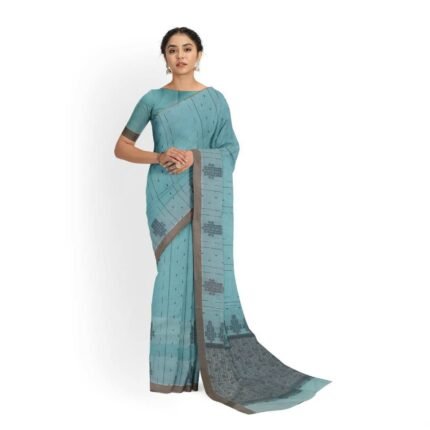 Light Blue Cotton Block Print Saree with Abstract Motifs