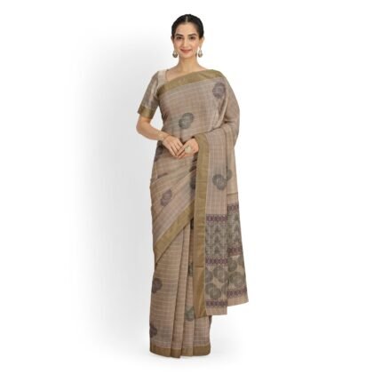 Bonphool Beige Woven Cotton Silk Saree with Traditional Block Prints