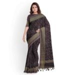 Bonphool Dark Purple Floral Printed Saree with Tasseled Pallu