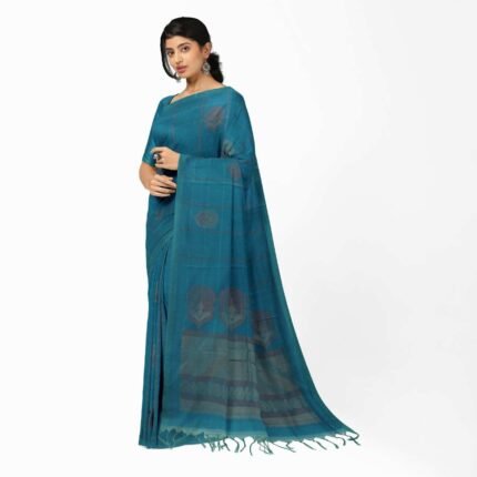 Bonphool Teal Cotton Print Saree with Abstract Motifs & Tassels